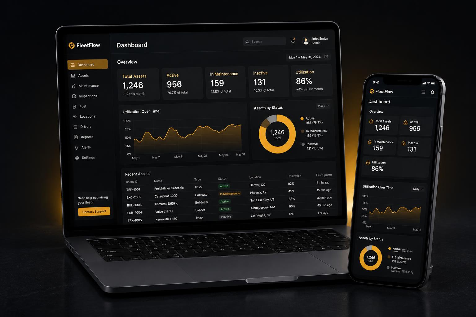 Ukážka fleetmax dashboardu na notebooku a mobile
